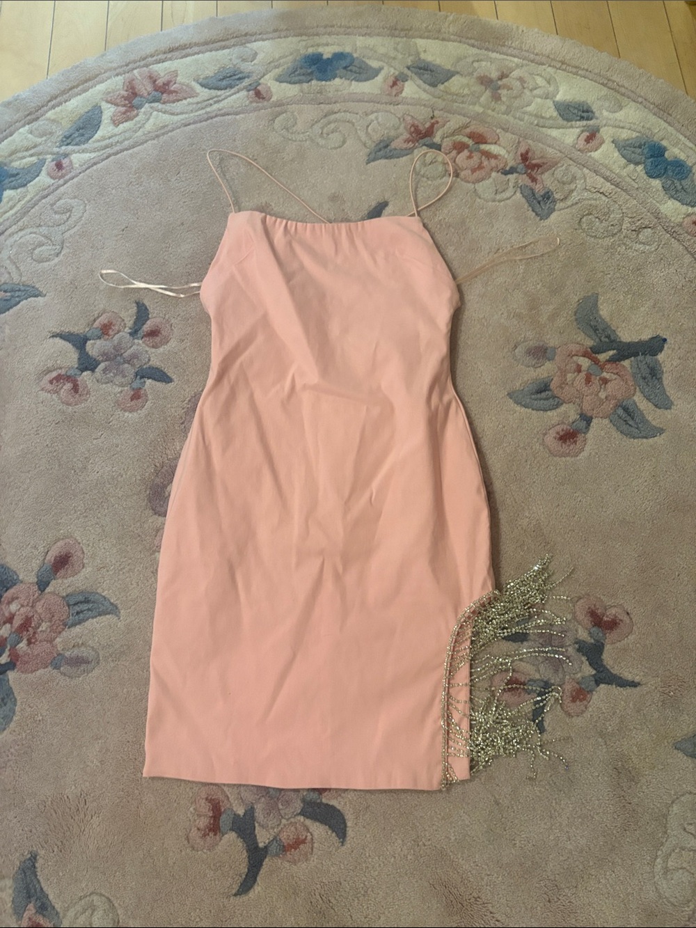 Sleeveless Pink Slip Dress with Beaded Fringe